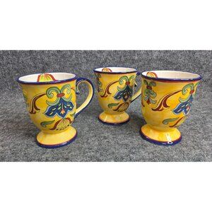 Set of 3 Maxcera Yellow Talavera Coffee Mugs Hand-Painted Floral Design